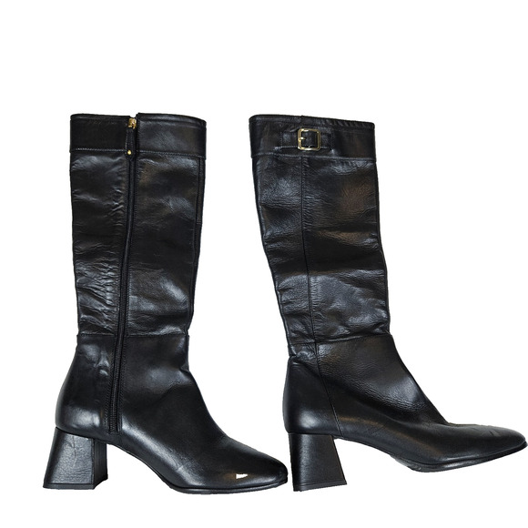 Bruglia x Davos Gomma Italian Leather Boots Black Designer Tall Womens 37 US 6.5 - Picture 1 of 15